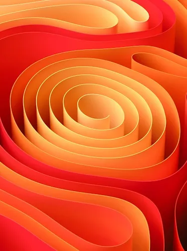 Abstract swirling 3D ribbons in red, orange, and yellow