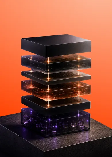 Layered glowing technology stack on an orange field