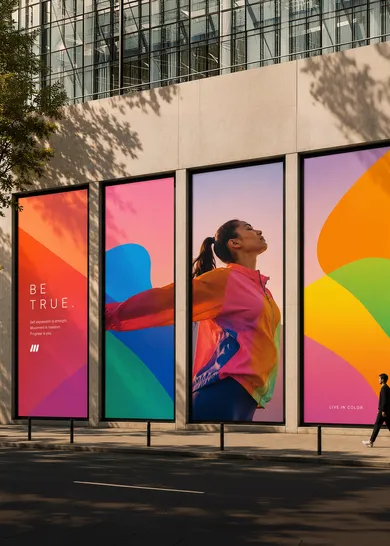 Outdoor brand campaign banners with large portrait photography