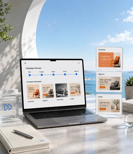 Campaign Overview dashboard on a laptop with social post, digital ad, and emailer samples on a desk