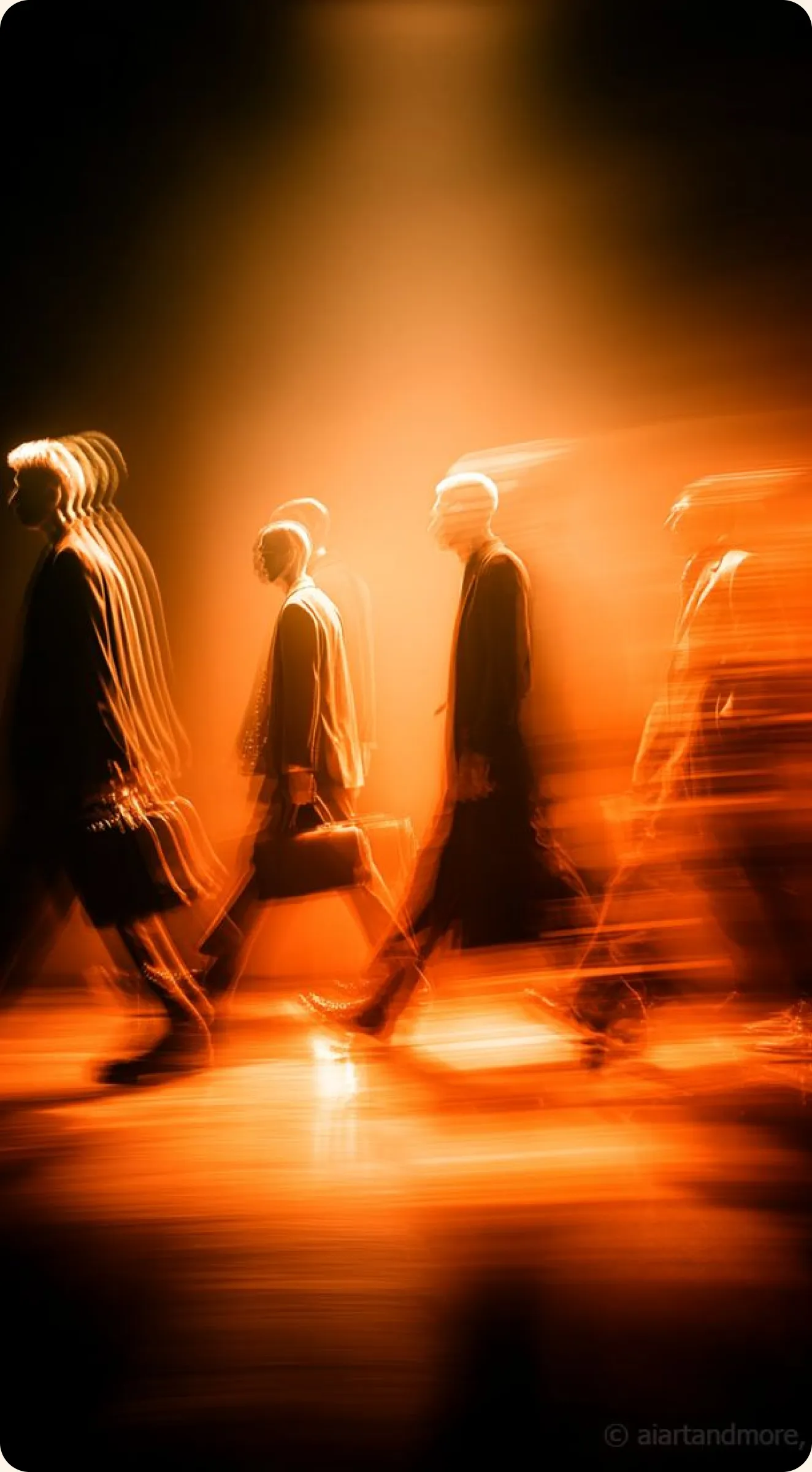 Motion-blurred figures walking through warm amber light