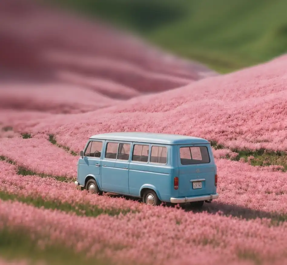 Pink hills with a white van in a surreal landscape
