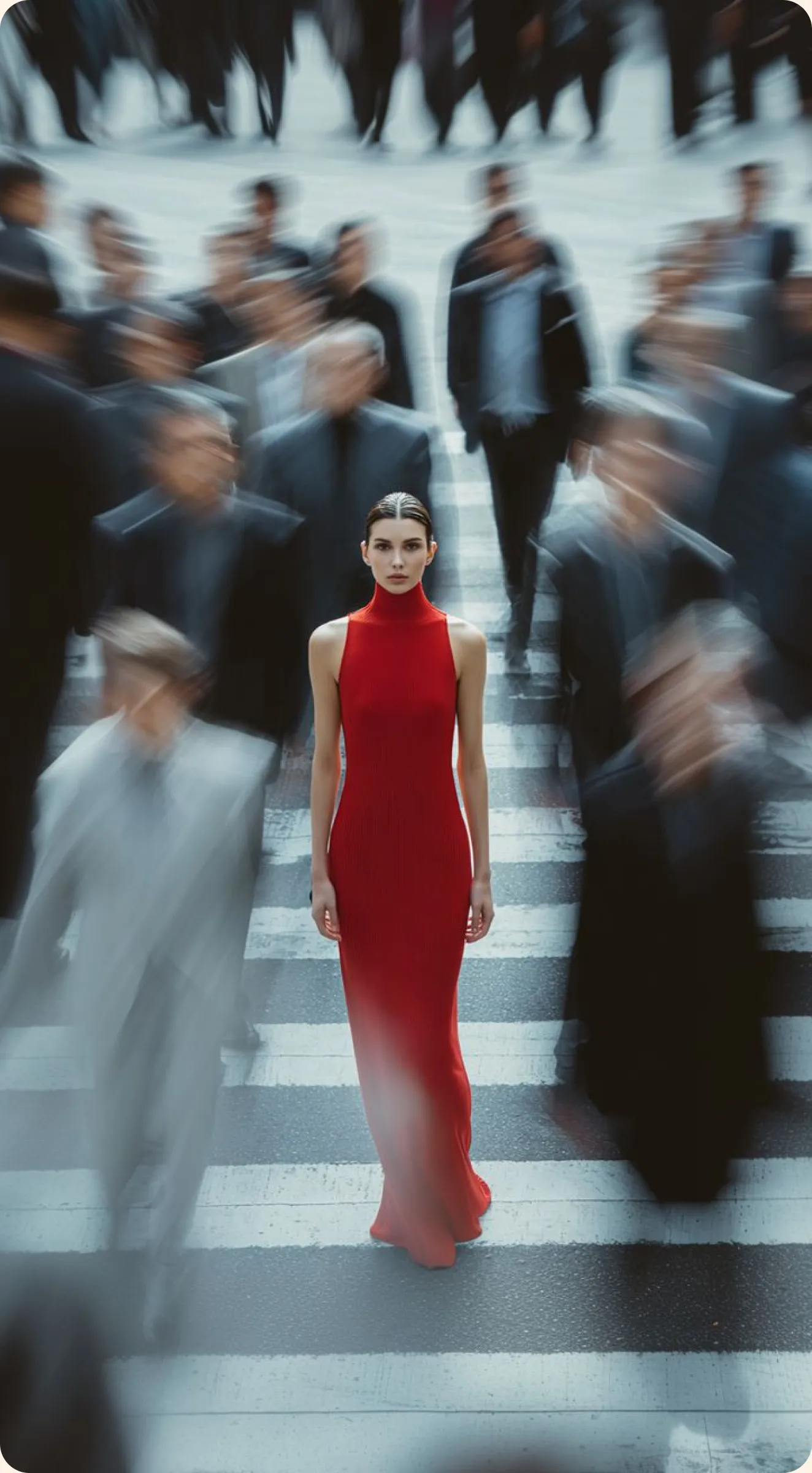Woman in a red dress standing still in a busy crosswalk