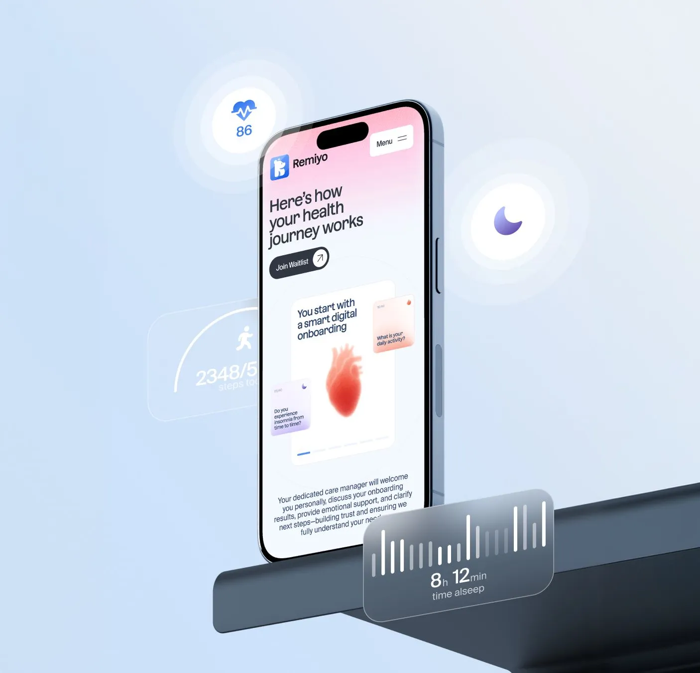 Remiyo health app phone mockup with floating wellness widgets
