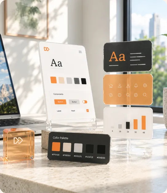 Physical design-system tokens for typography, color, icons, and UI components on a desk