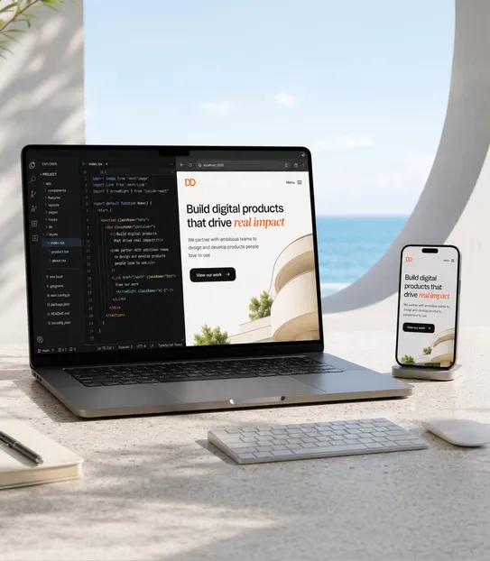 Laptop showing code and product preview beside a phone, notebook, and keyboard on a desk overlooking the ocean