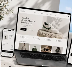 Laptop and phone showing an AURÉO sneaker storefront and checkout