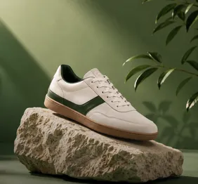 White sneaker with green accents on a stone pedestal