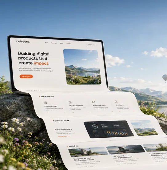 Laptop on a mossy rock with a long website scroll flowing into a mountain meadow
