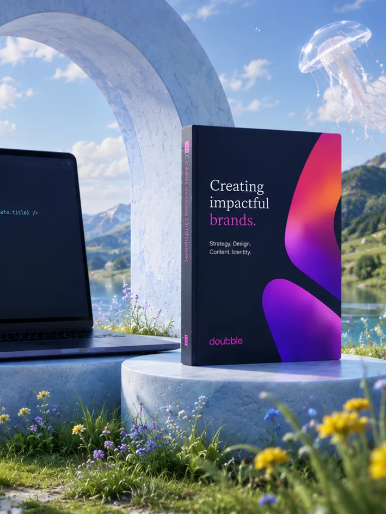 Laptop and Doublle brand book on pedestals in a mountain meadow with a floating jellyfish