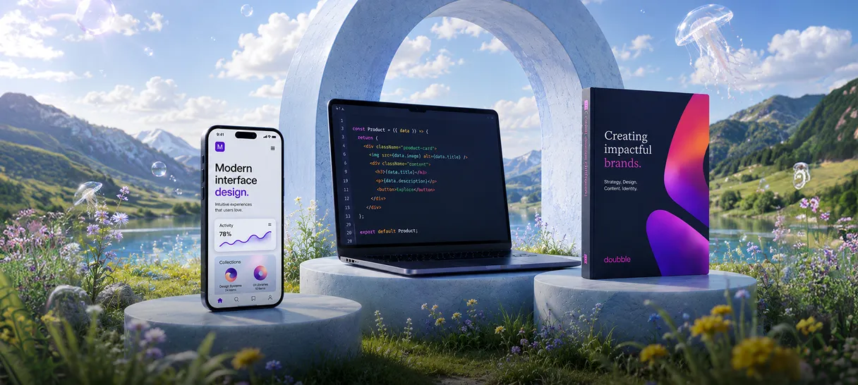 Laptop, phone, and Doublle brand book on pedestals in a mountain meadow with floating jellyfish