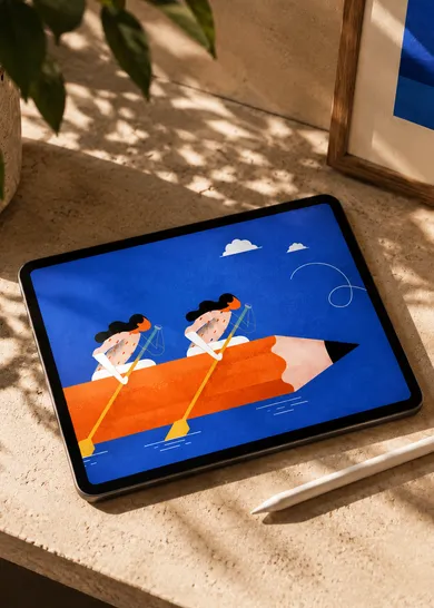 Tablet showing an illustration of two people rowing a giant pencil