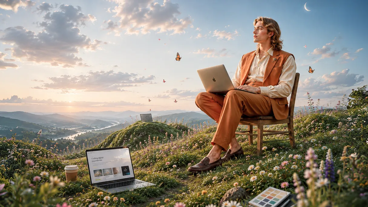 Designer with a laptop in a wildflower meadow at sunset, with another laptop and coffee on the grass