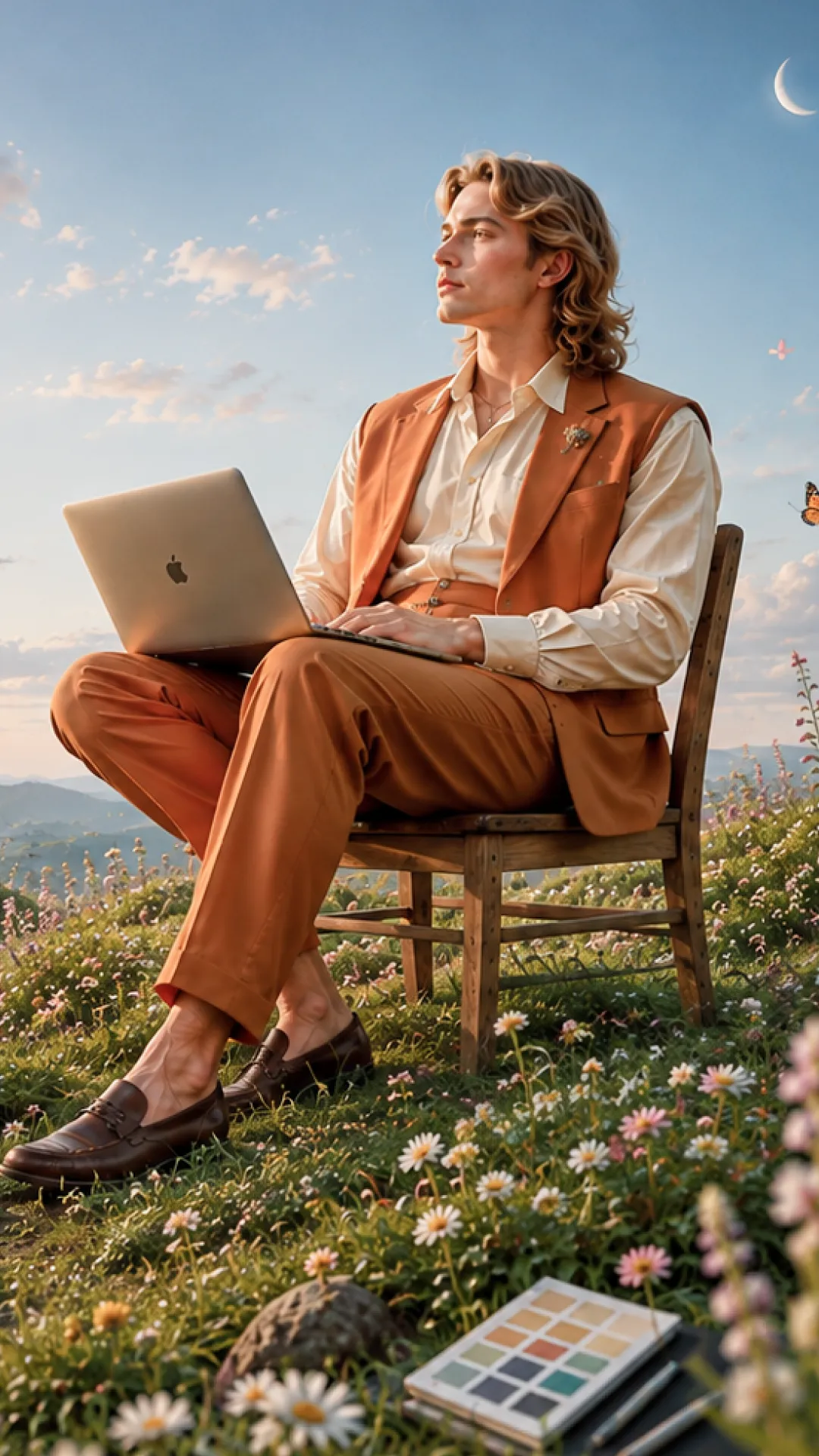 Designer with a laptop in a wildflower meadow at dusk, color palette on the grass