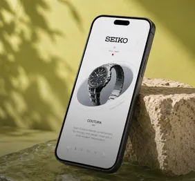 Phone mockup showing a Seiko watch product screen