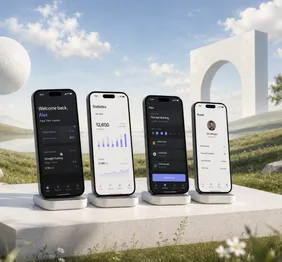 Four phones in a row showing native mobile app screens