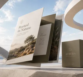Printed brochure mockups titled Rooted in Nature