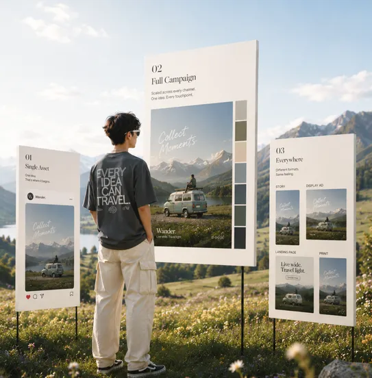 Campaign scope boards for Wander — single asset, full campaign, and everywhere formats in a mountain meadow