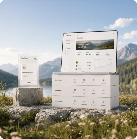 Single-feature glass card and full-platform laptop stacks in a mountain landscape