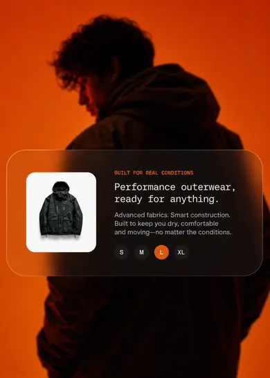 Glass UI card over a product photo of performance outerwear