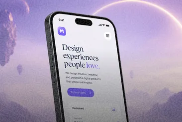 Phone UI mockup on a surreal purple landscape