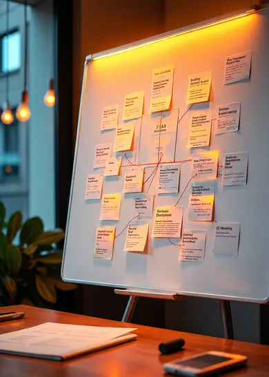 Whiteboard covered in sticky notes connected by red string under warm light