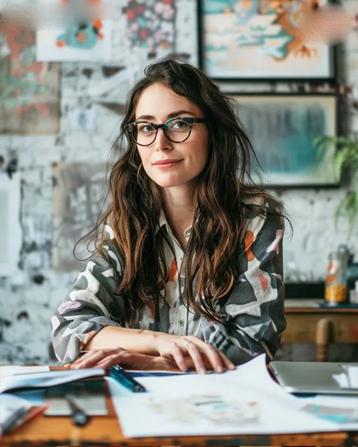 Creative professional at a desk in a studio with artwork on the wall