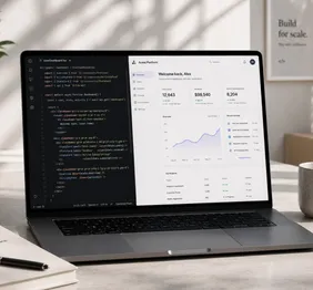 Laptop showing a code editor with a dashboard in the background