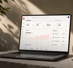 Laptop showing an analytics dashboard on a stone surface